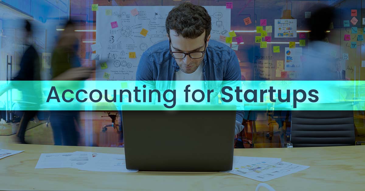 Man using a laptop with "accounting for startups" text overlay, in a busy, colorful office environment with blurred colleagues in the background.