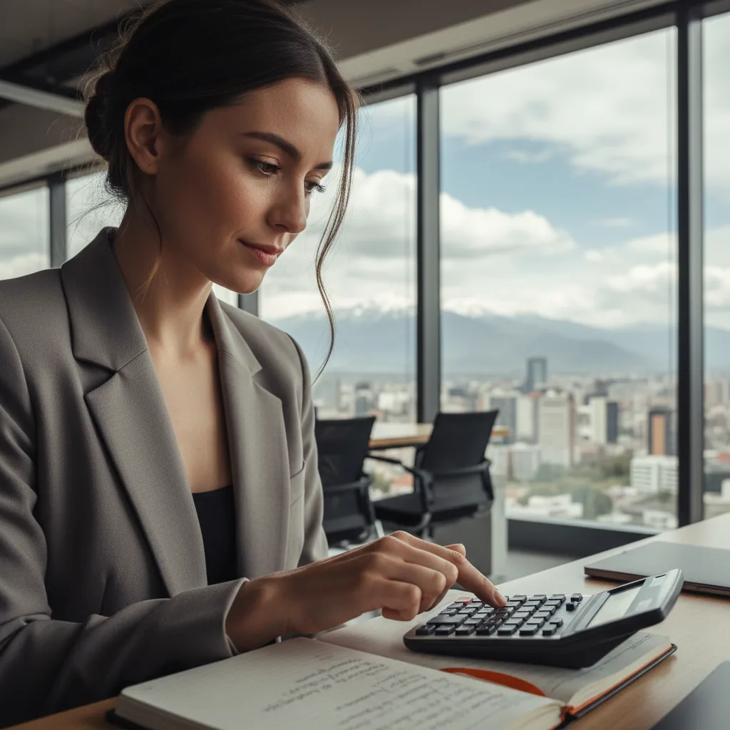 Mujer sentada frente a su puesto de trabajo con una agenda digitando en una calculadora.webp