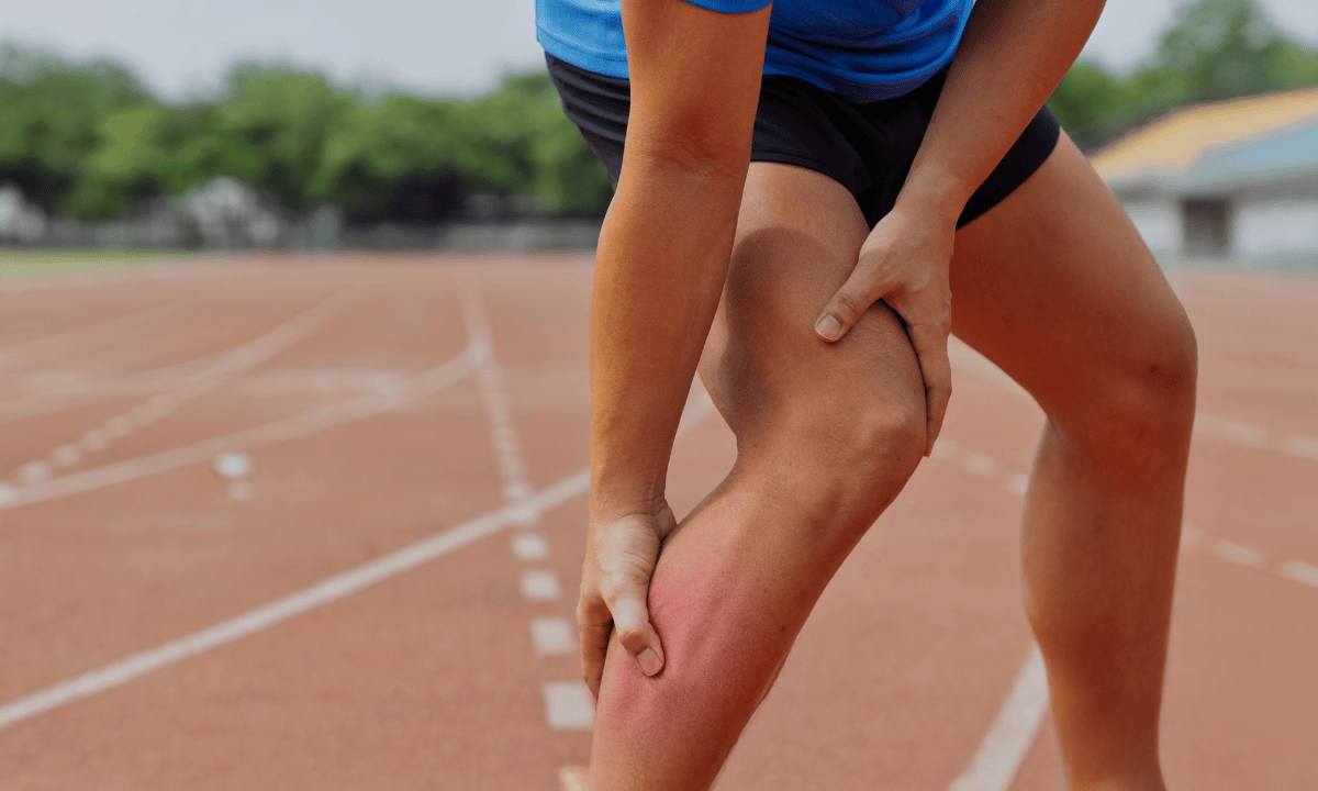 Image of a man holding his leg muscle