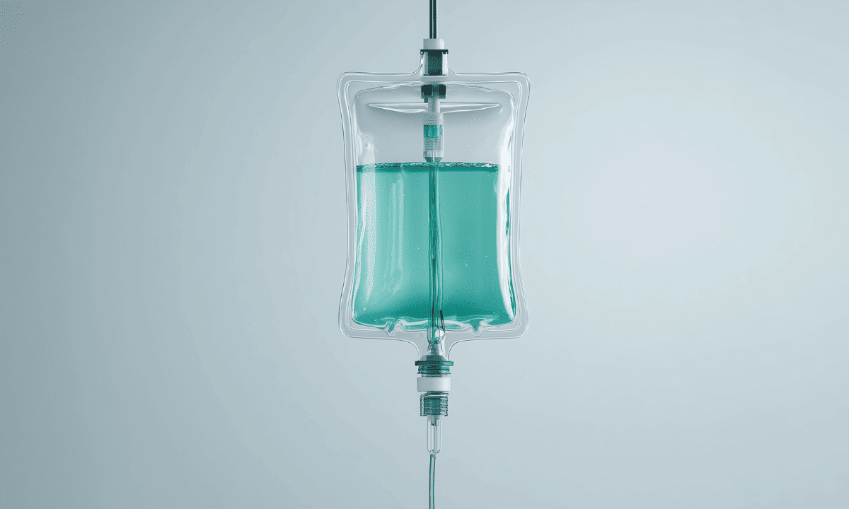 A medical IV fluid bag hanging on a stand against a light blue background.