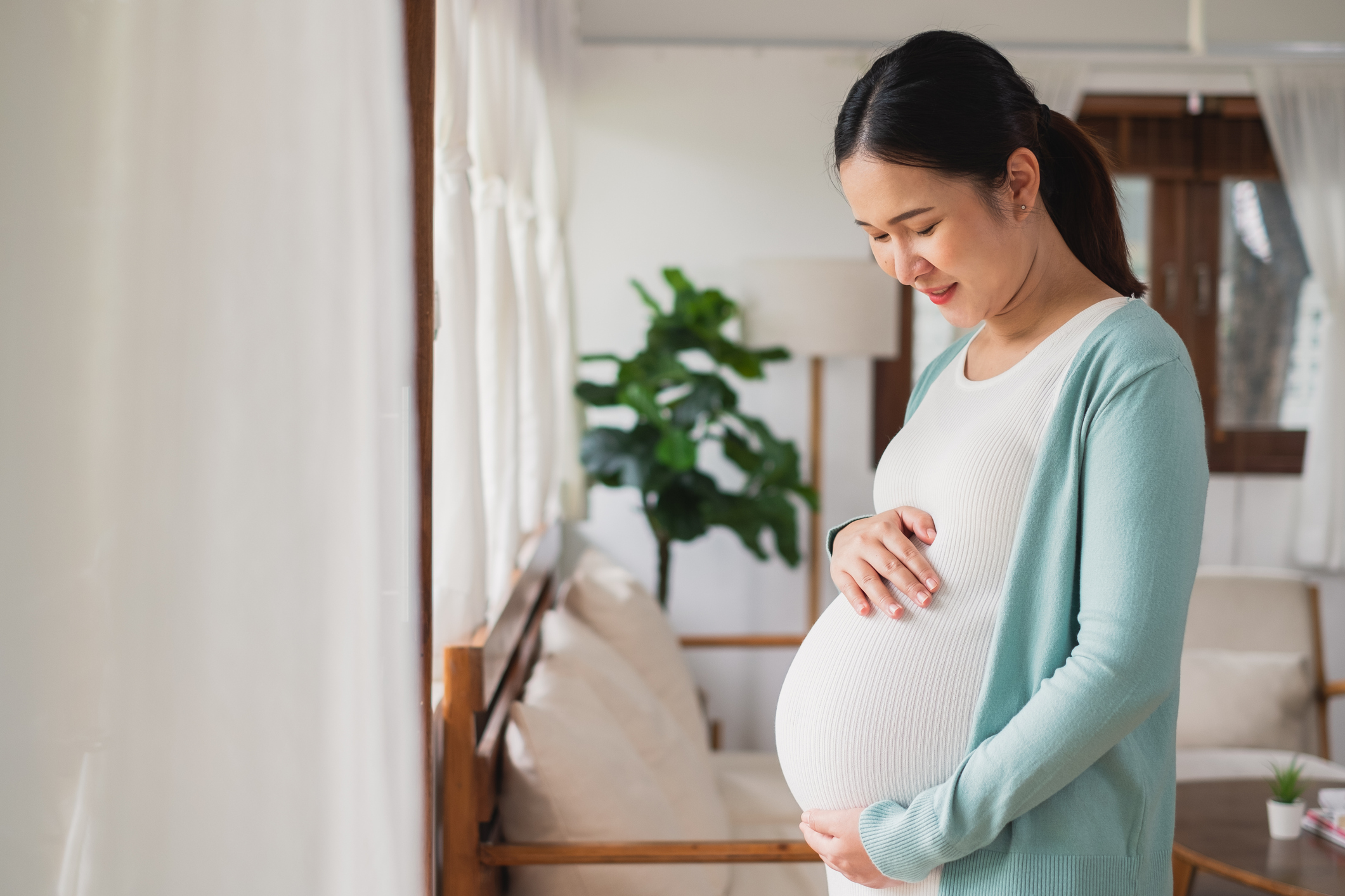 pregnant asian woman standing by the window craddling abdomen