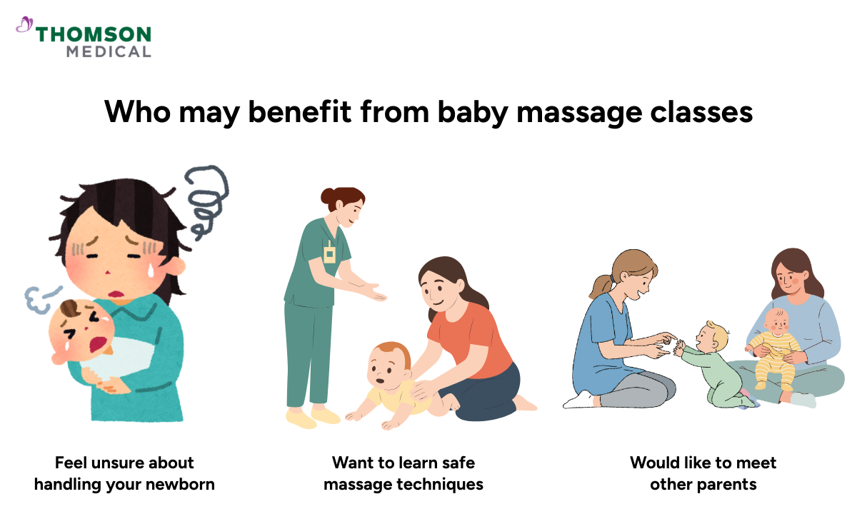 Illustration of who may benefit from baby massage classes