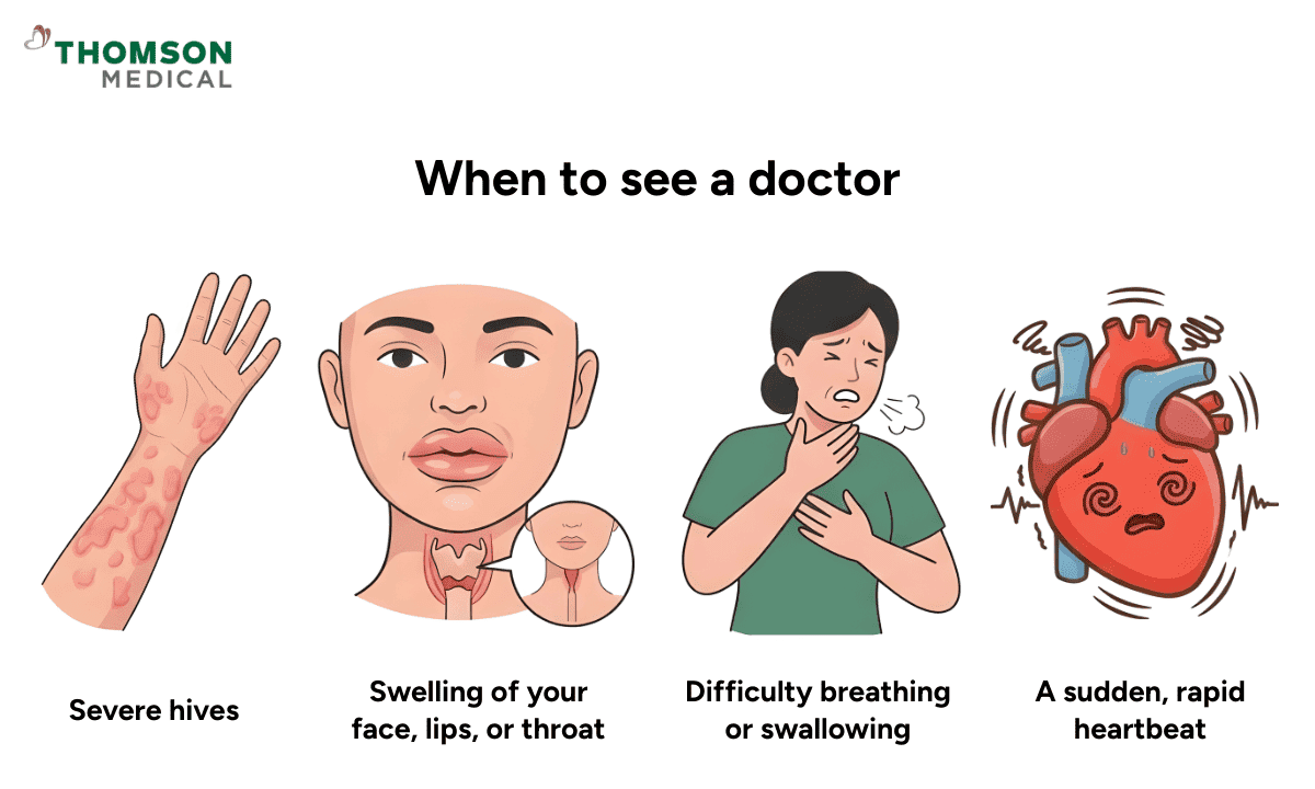 An infographic showing serious vaccine reactions: severe hives, swelling of the face/throat, difficulty breathing, and a rapid heartbeat.