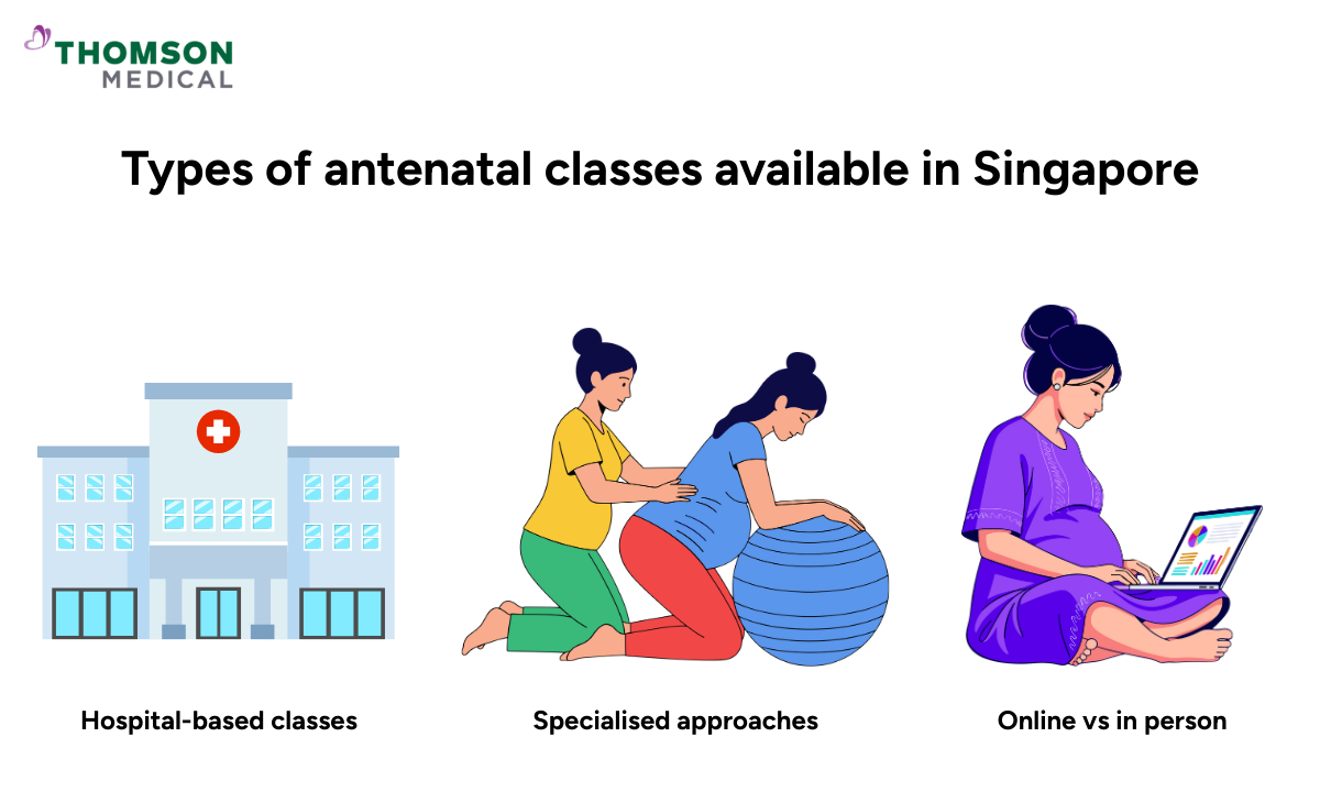 Illustration of the types of antenatal classes available in Singapore