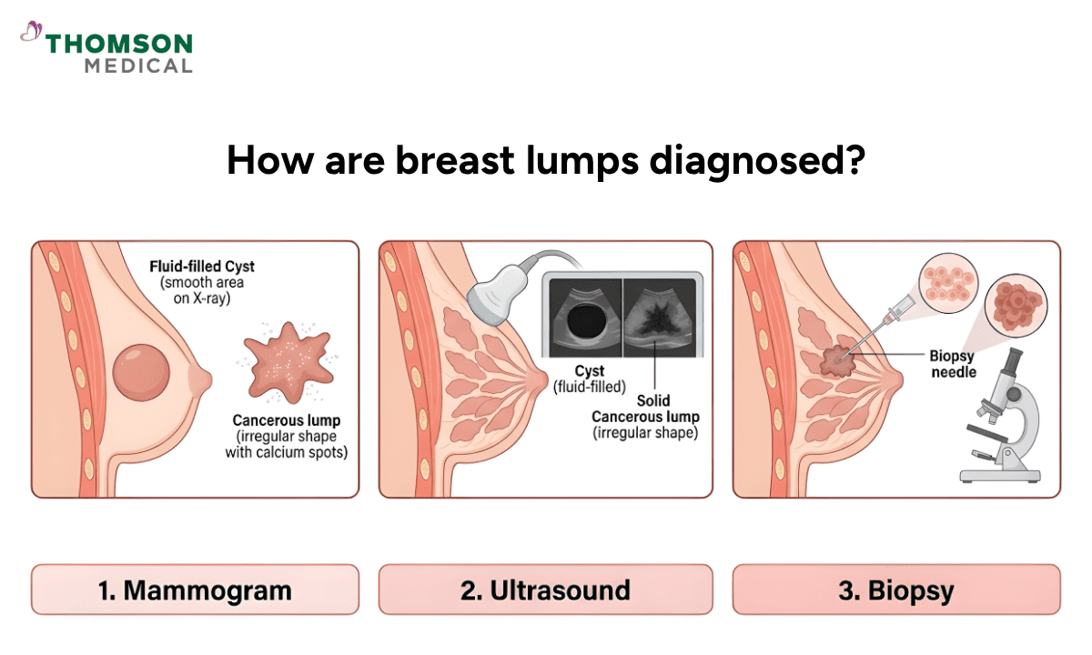 Three-step illustration of breast lump diagnosis: Mammogram (X-ray), Ultrasound (imaging), and Biopsy (needle sampling).