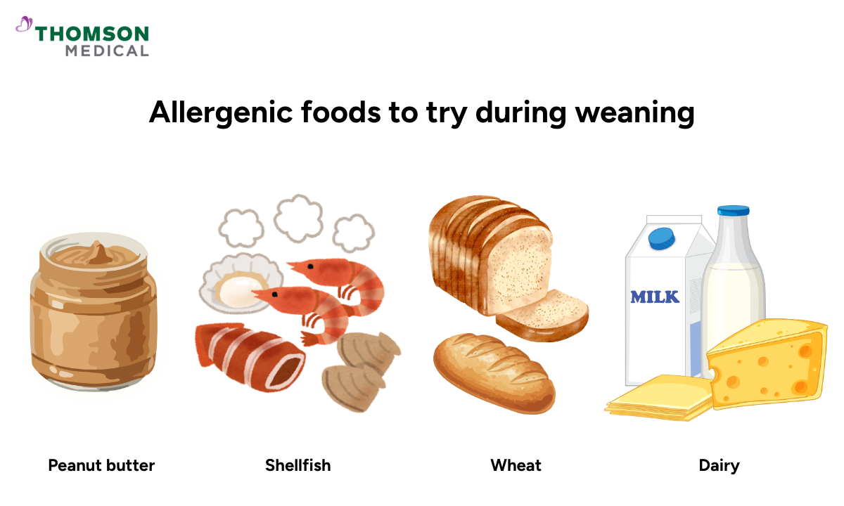 Illustration of allergenic foods to introduce to babies