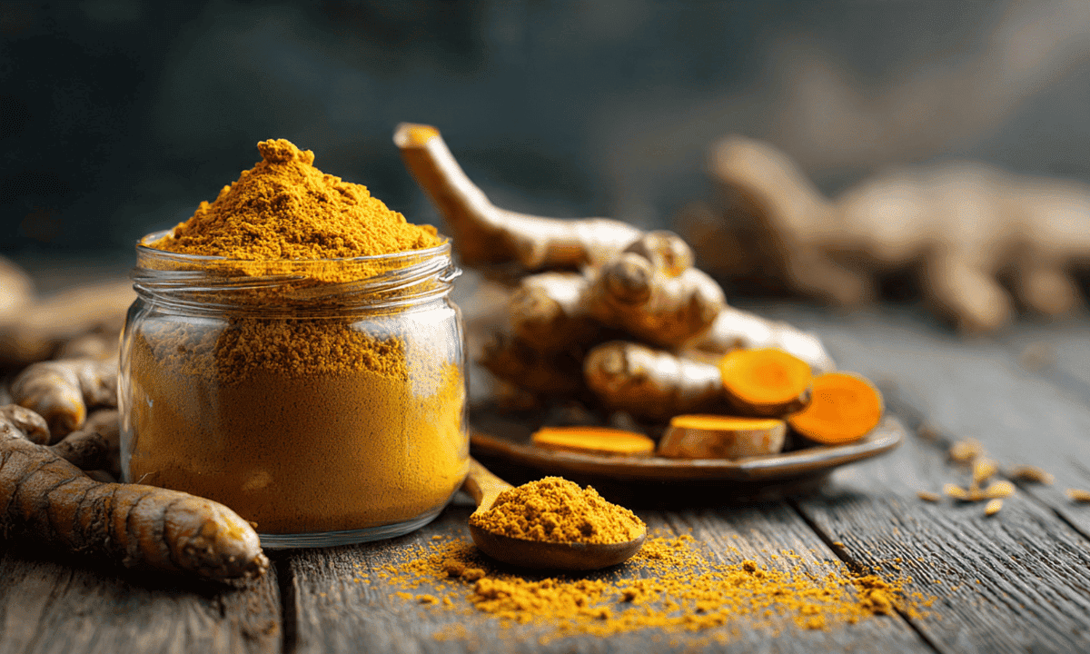 Ground turmeric powder in a glass jar and a wooden spoon, surrounded by whole turmeric roots.