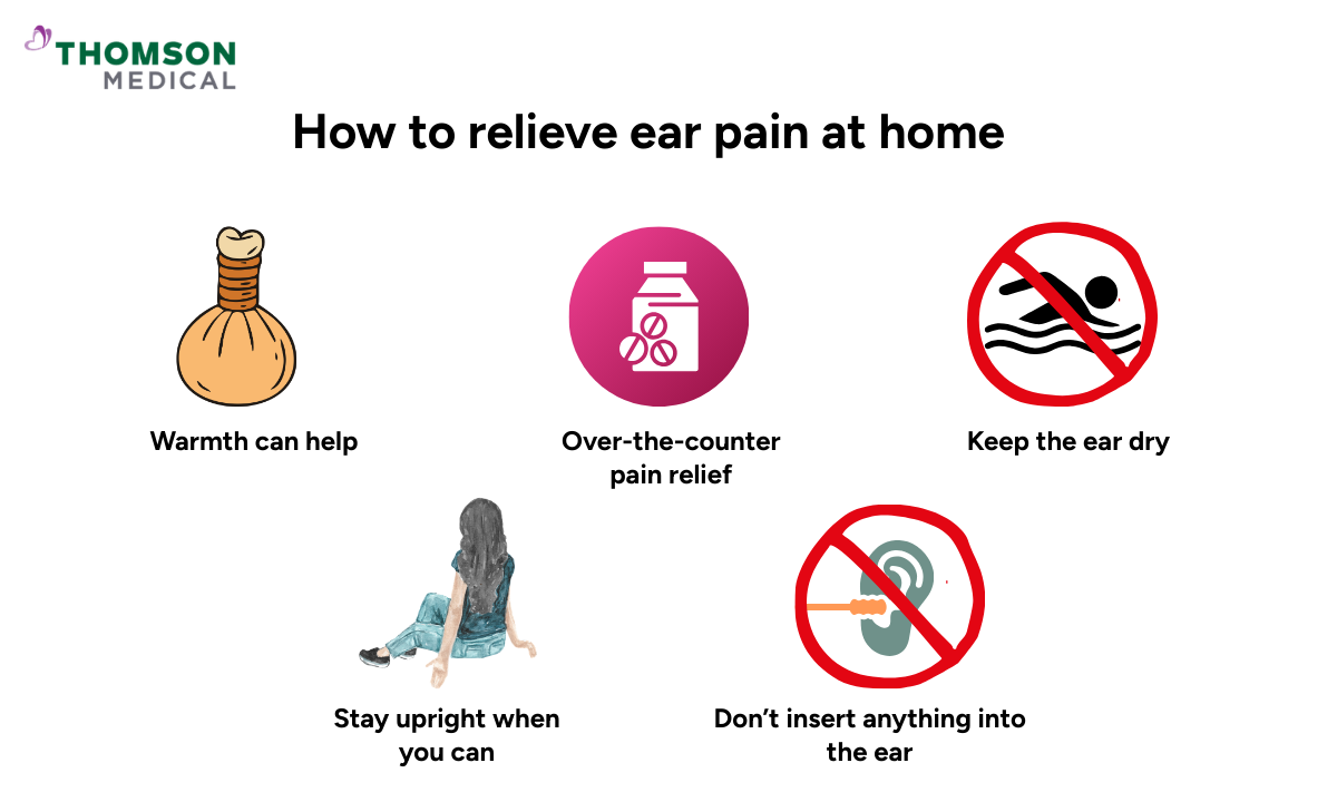 Infographic showing methods to help relieve ear pain at home