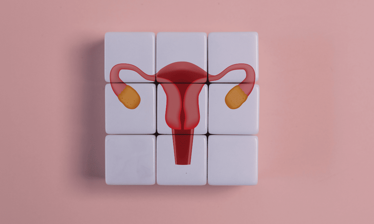 A graphic illustration of the uterus and ovaries overlaid on a $3 \times 3$ grid of white blocks against a pink background.