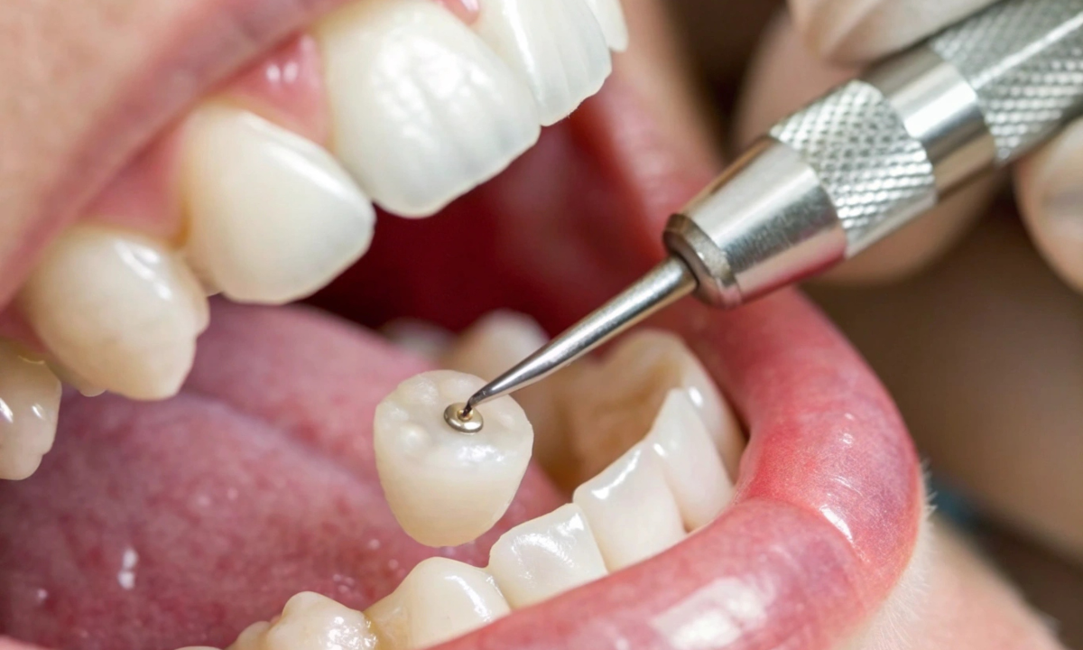 dentist applying a dental crown to a patient