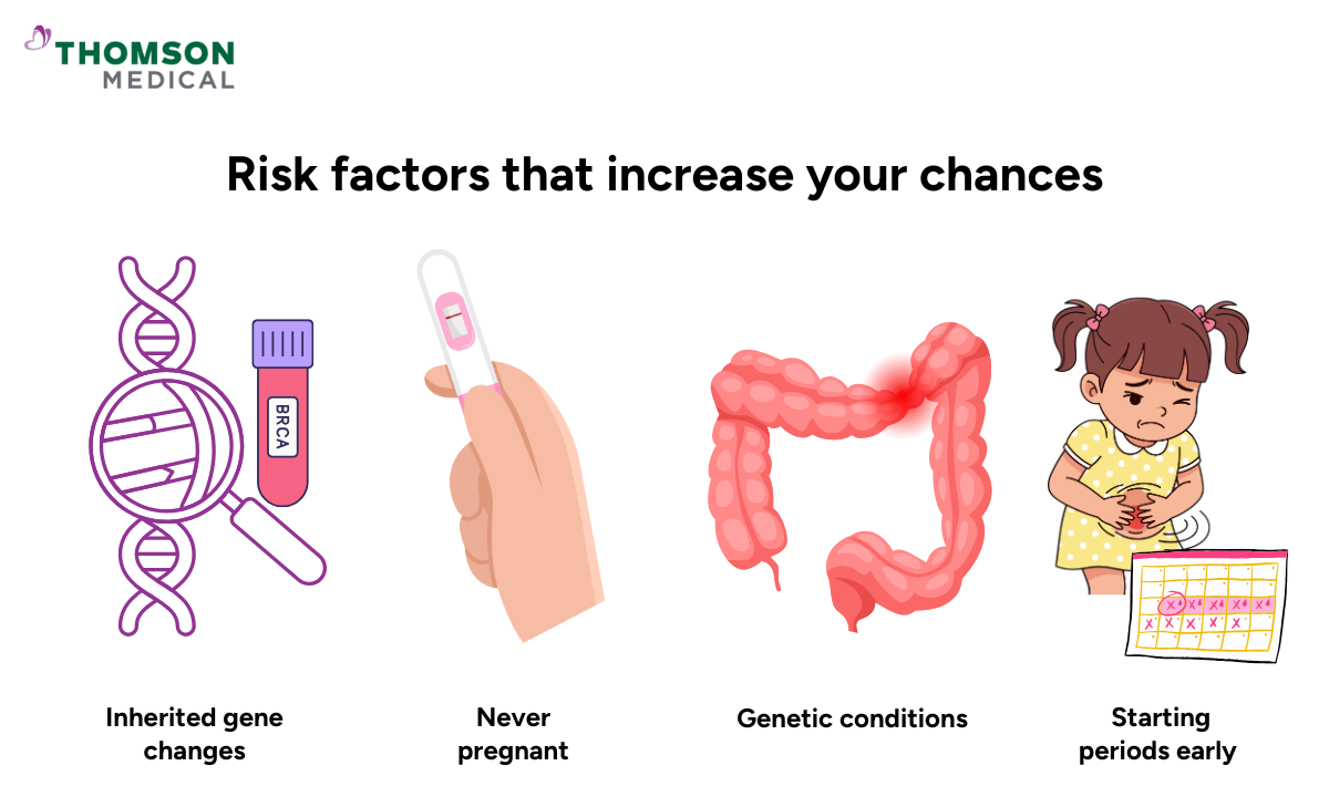 Illustration showing ovarian cancer risk factors, including inherited gene changes, never being pregnant, genetic conditions, and early menstruation