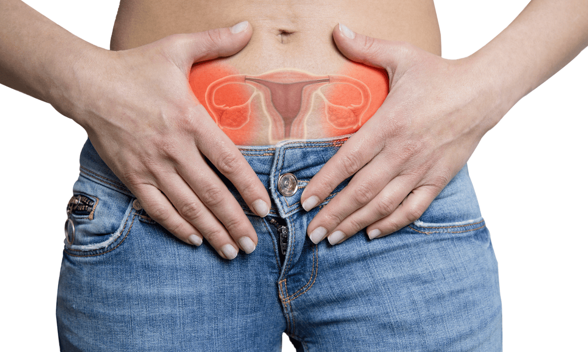 A woman holding her abdomen with an anatomical overlay of the female reproductive system highlighted in red.