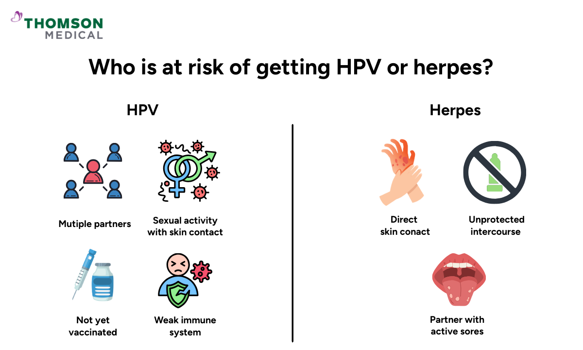 An infographic on who is at risk of getting HPV or herpes, comparing risk factors like multiple partners, skin contact, and lack of vaccination for HPV, against skin contact and active sores for herpes.