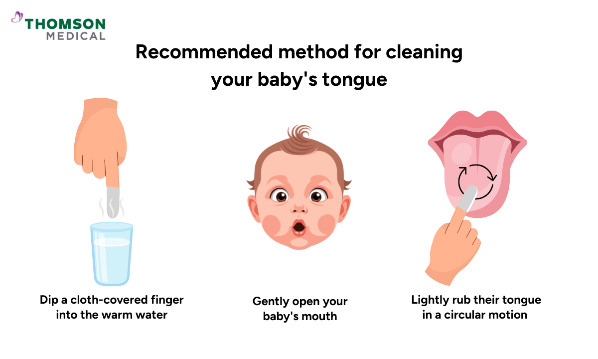 illustration on how parents can clean their baby's tongue