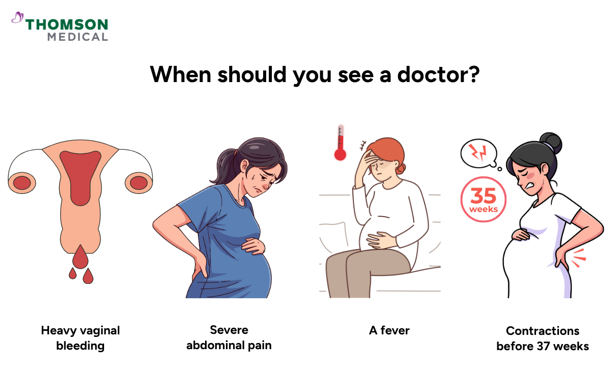 An illustration showing when to see a doctor for fibroids during pregnancy