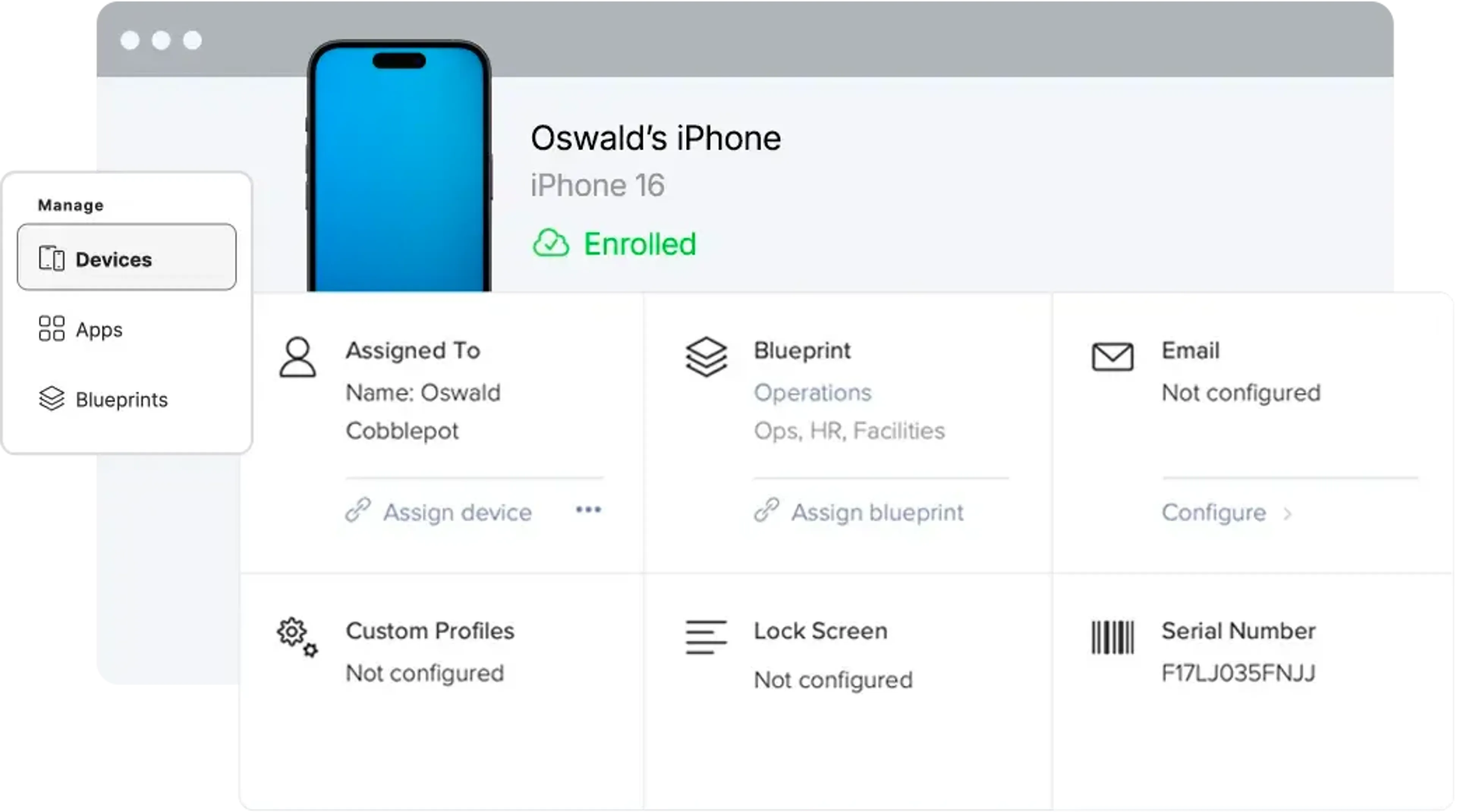 A Jamf Now image displaying managed devices including who it's assigned to, Blueprint, Email, Custom profiles, Lock screen and Serial number.