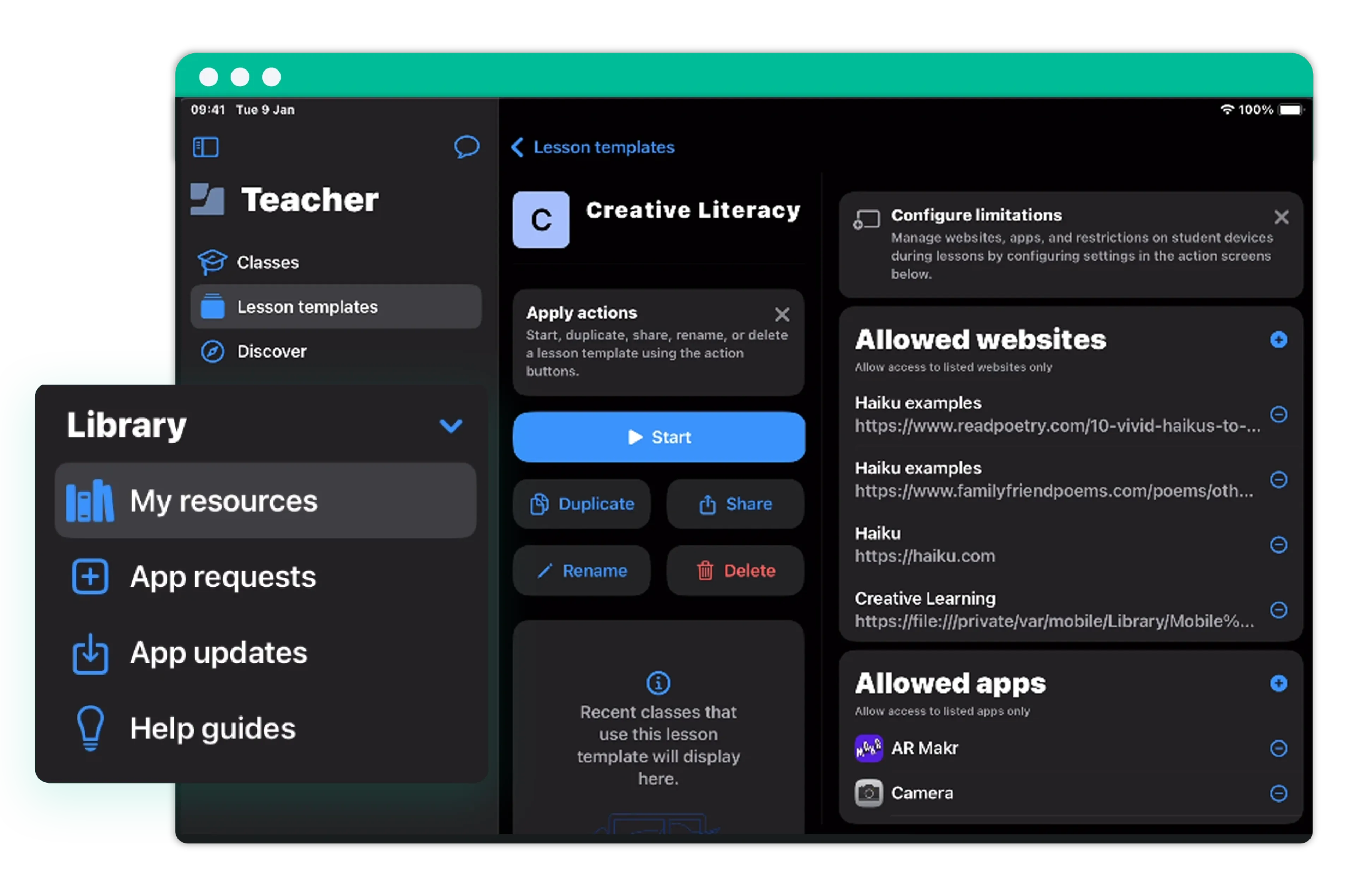 Jamf School interface showing a teacher's lesson template with allowed websites, allowed apps, and device configuration limits