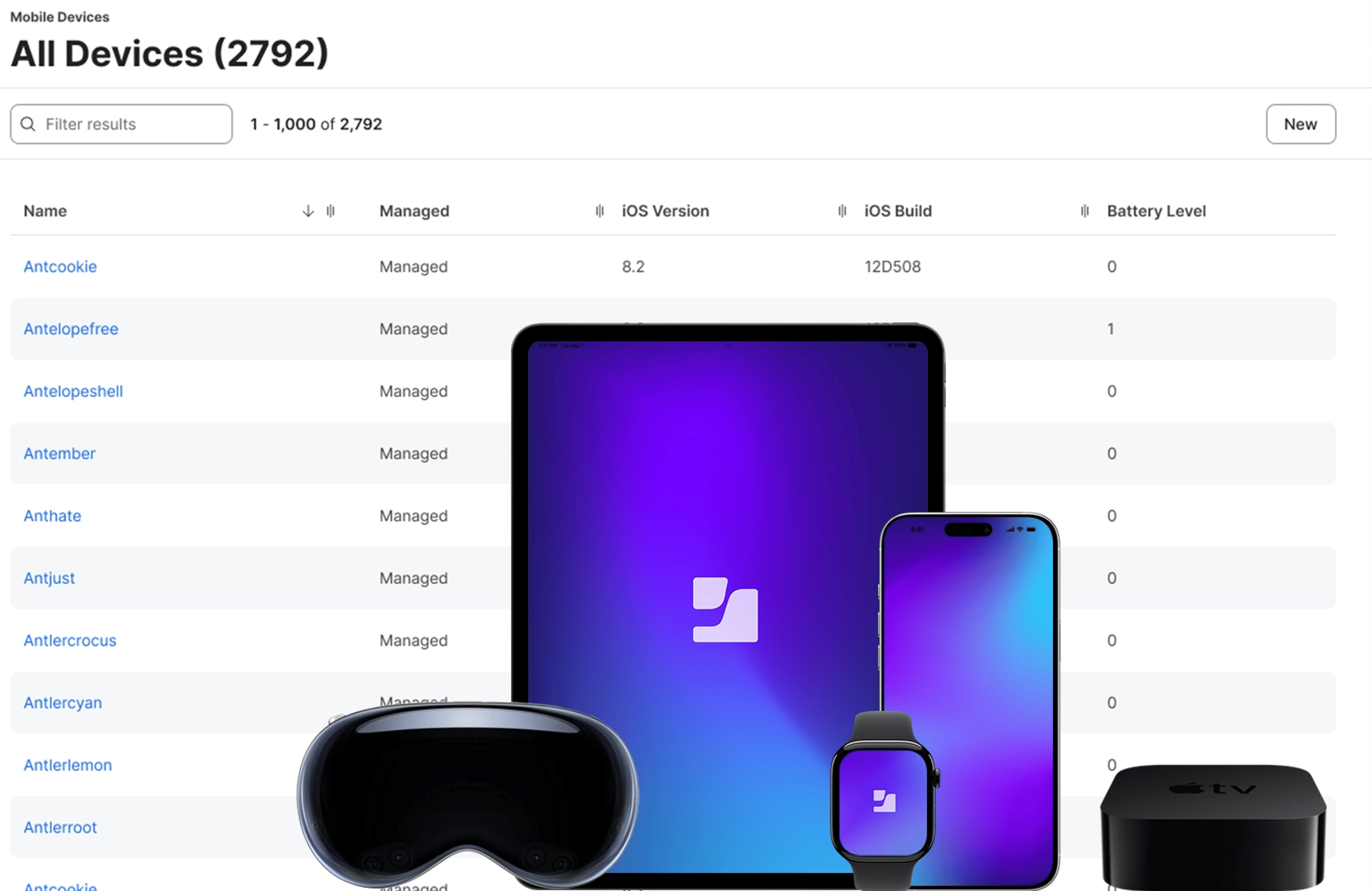 An image showing a list of all devices and displaying an iPhone, iPad, Apple watch, Vision pro and an Apple tv.