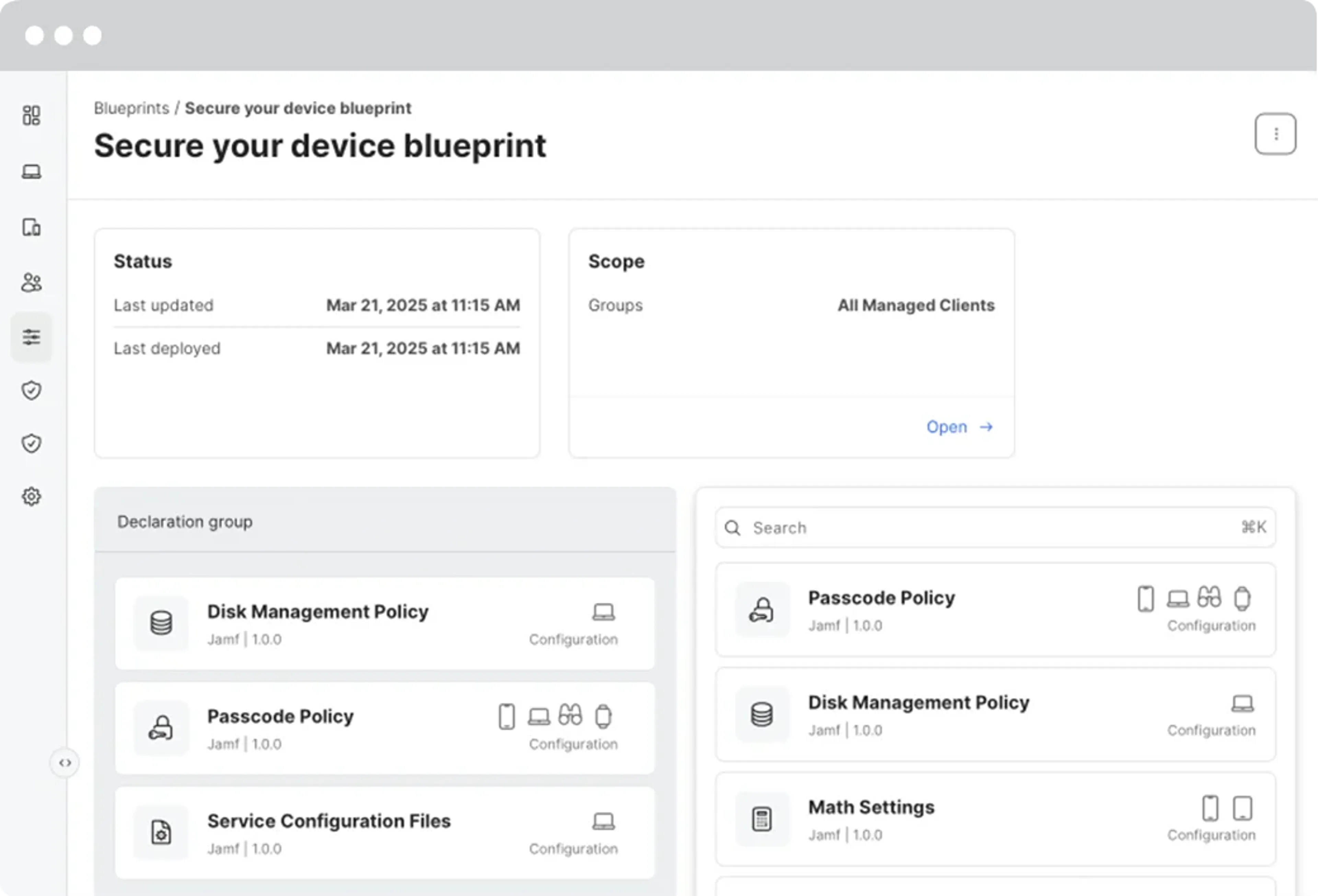 Jamf Pro Blueprints screen showing "Secure your device blueprint" with status, scope, declaration group, and search fields.