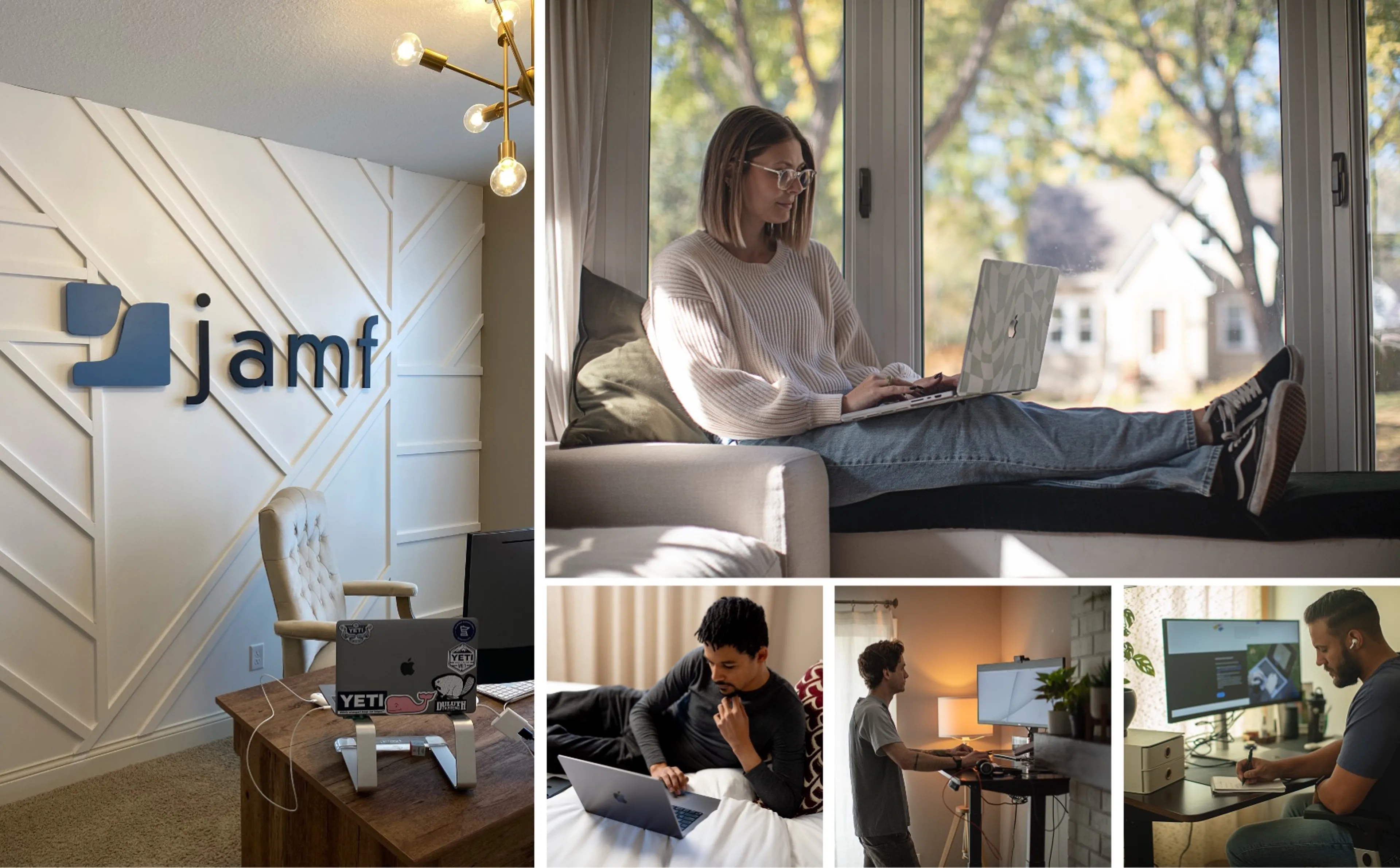 Collage of Jamf employees working remotely from home offices and personal spaces