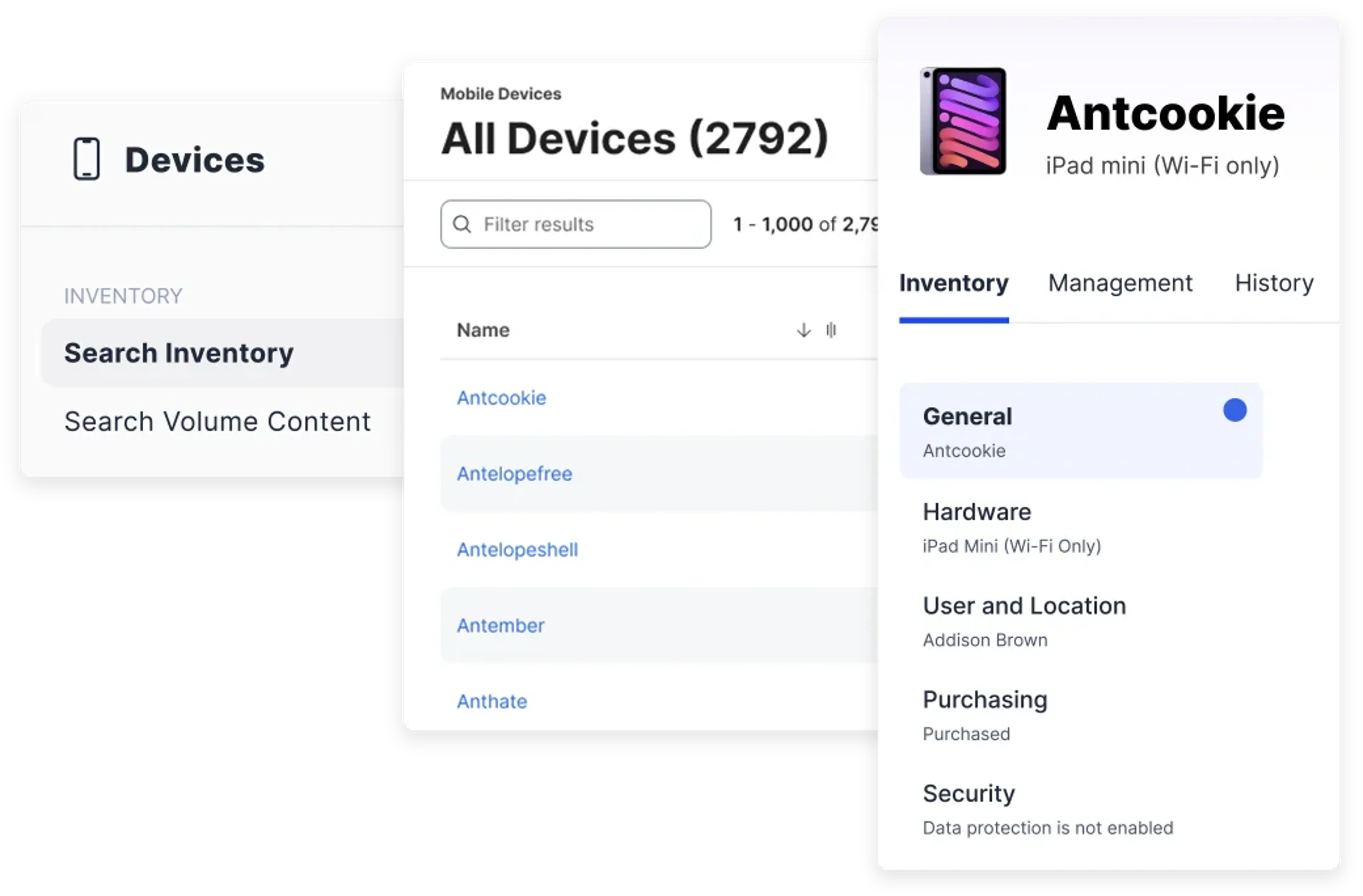 Jamf Pro image stack showing devices inventory and one ipad mini displaying general, hardware, user and location, purchasing and security information.