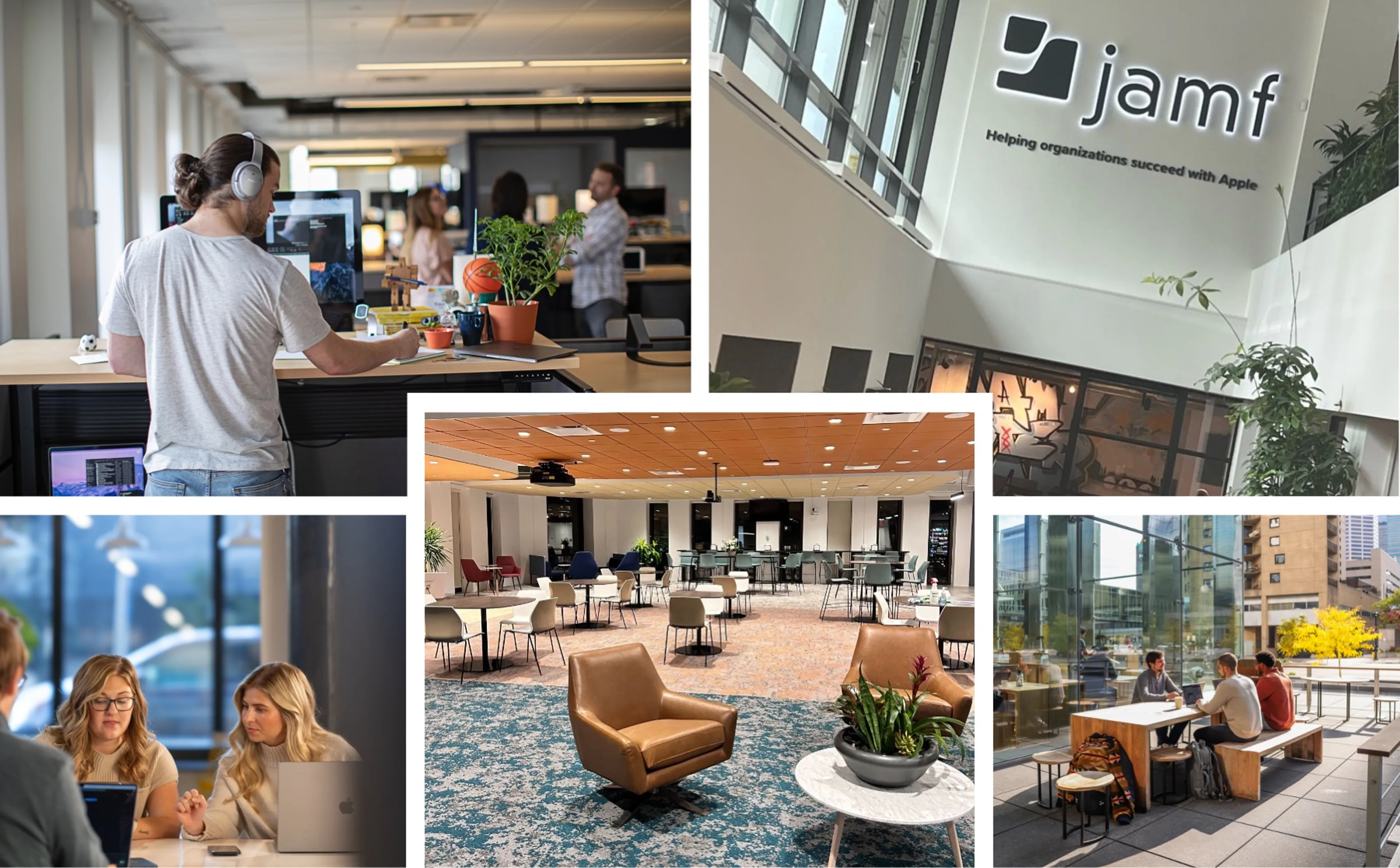 Collage of Jamf office spaces, including desks, meeting rooms, and outdoor collaboration areas