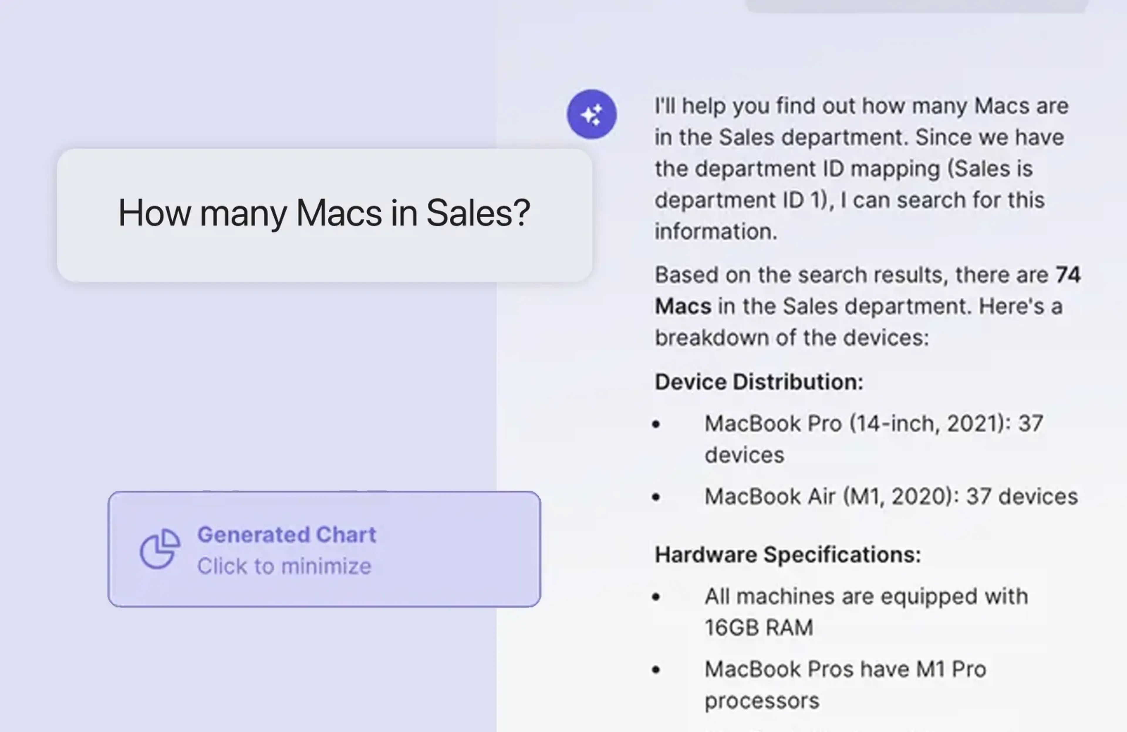 Image of Ask Jamf AI displaying How many Macs in sales showing device distribution and hardware specifications