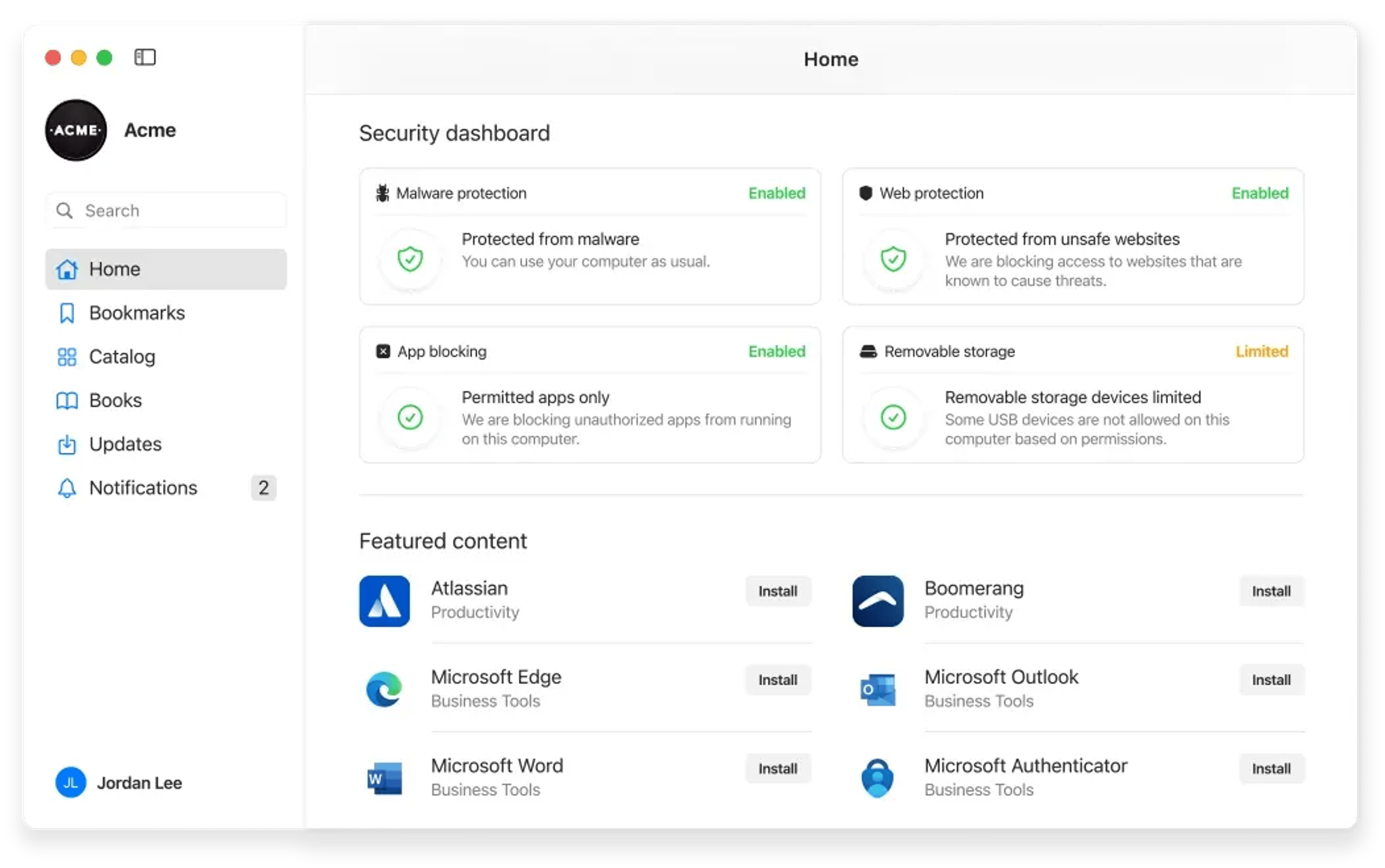 Image showing Security Dashboard with Malware protection, Web protection, App blocking and Removable storage. Below that is Featured content.