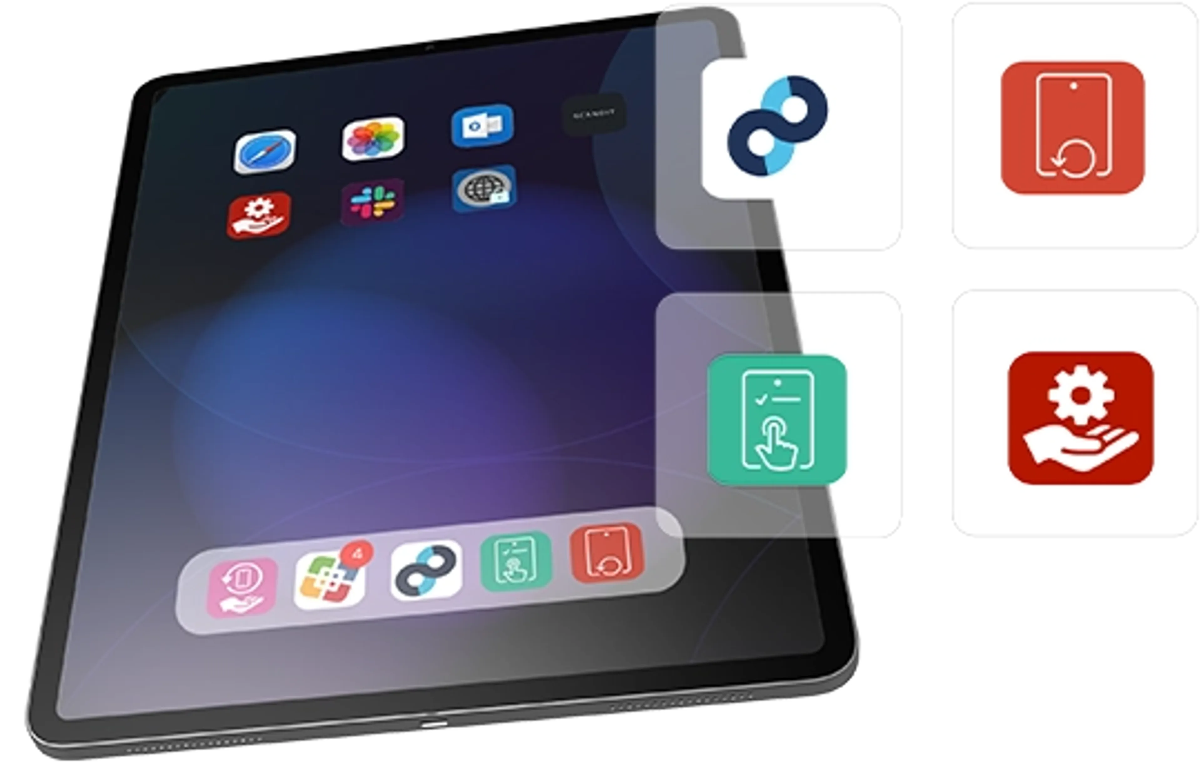An image showing an iPad with a floating window showing 4 custom apps.