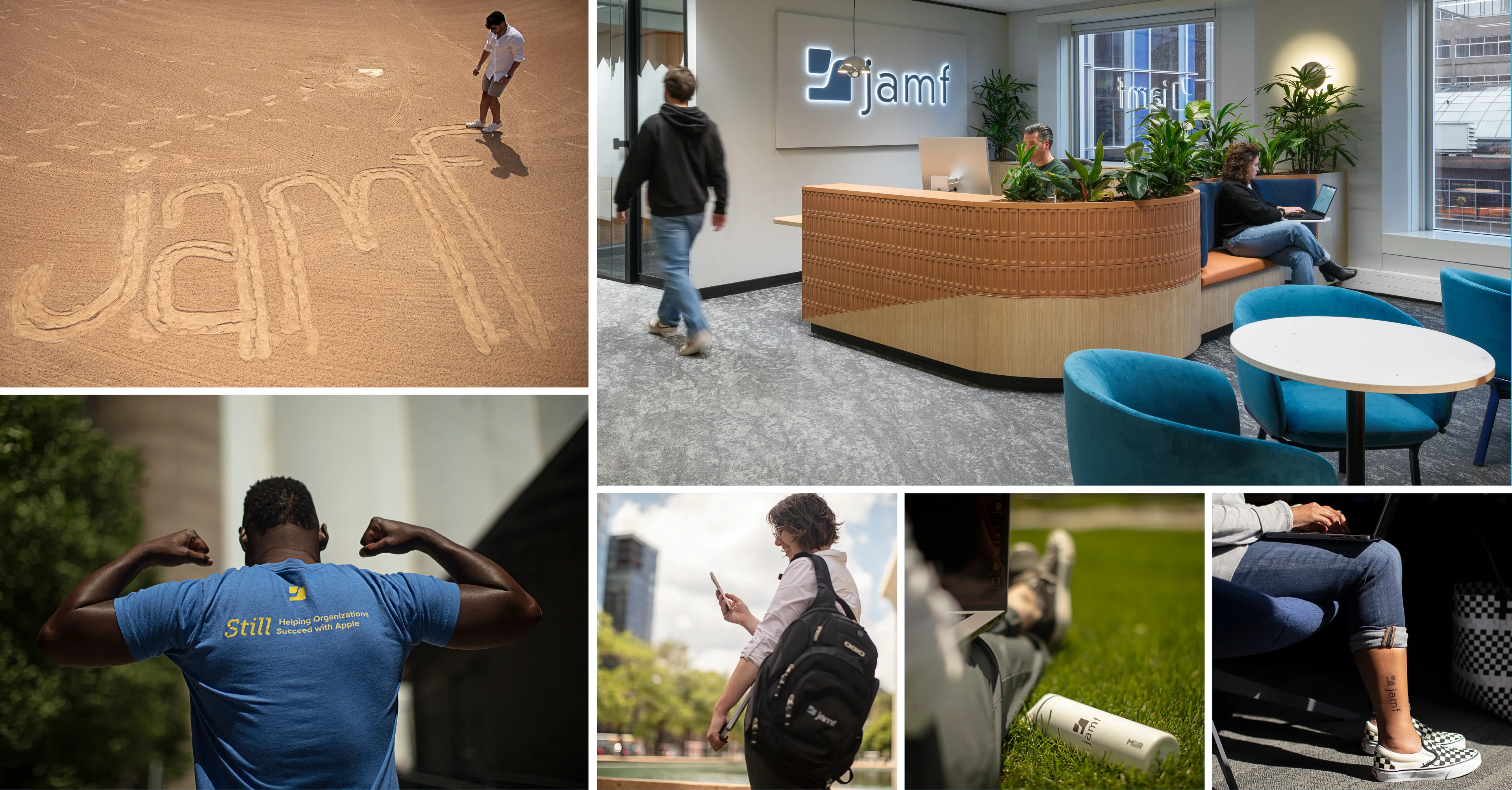 Collage of Jamf brand photography, including office spaces, branded merchandise, and employees