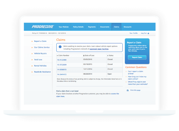 Screenshot of Progressive report a claim page