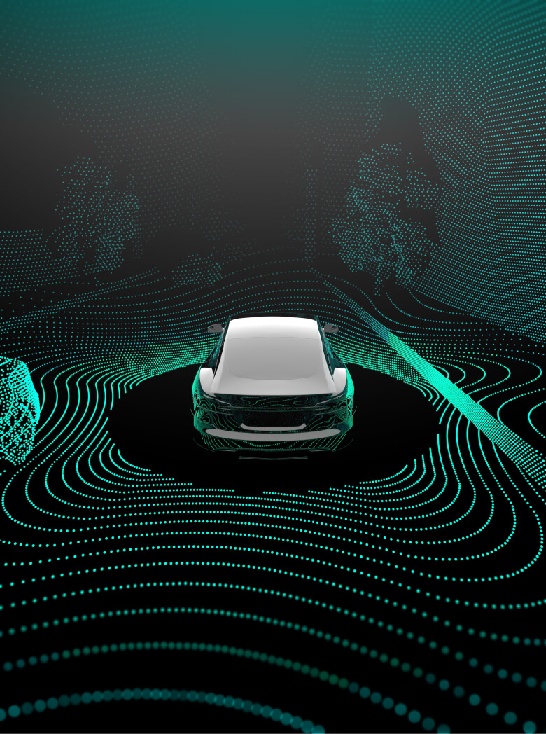 Rendering of a car's radar system mapping its surroundings.