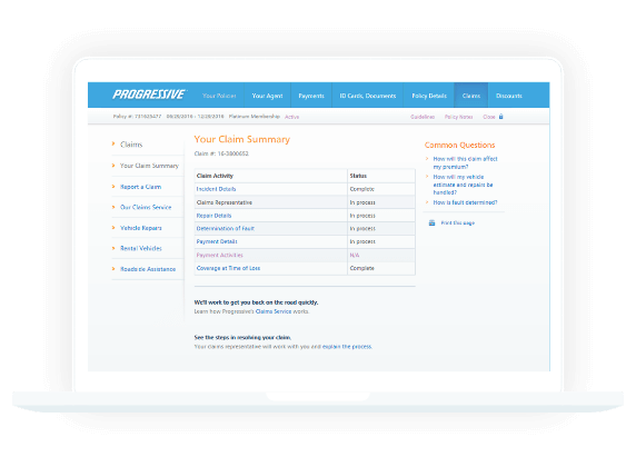 Screenshot of Progressive claims summary page