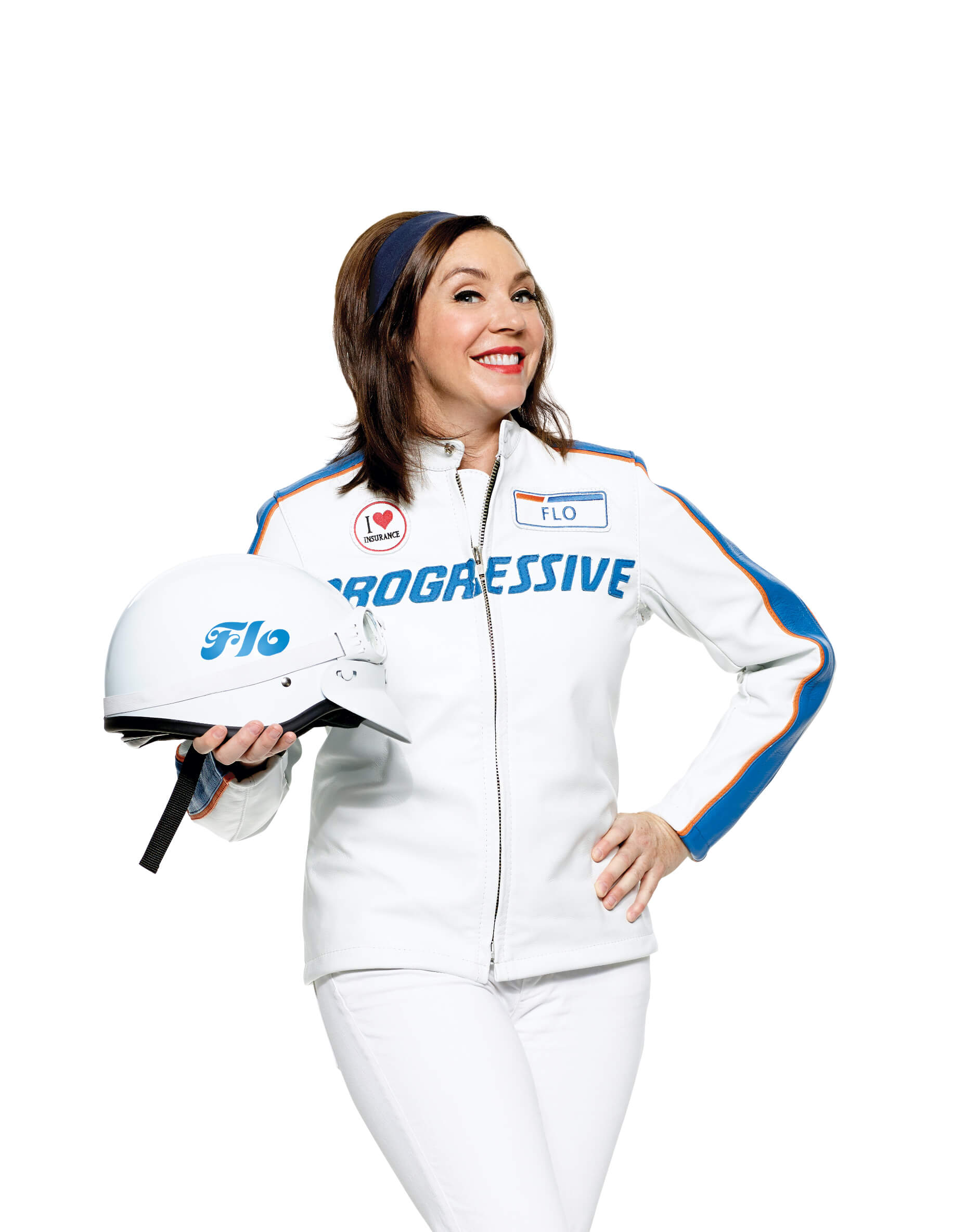 Flo in a motorcycle jacket