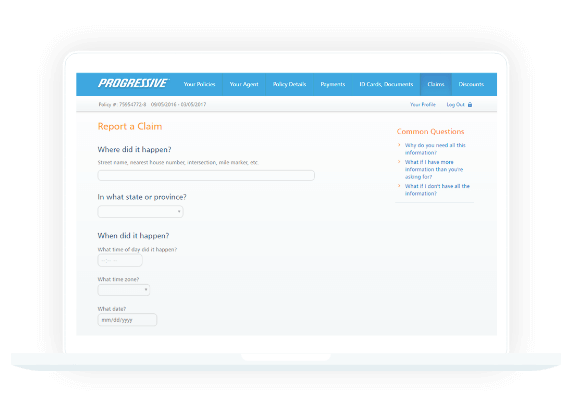 Screenshot of Progressive form for filing a claim