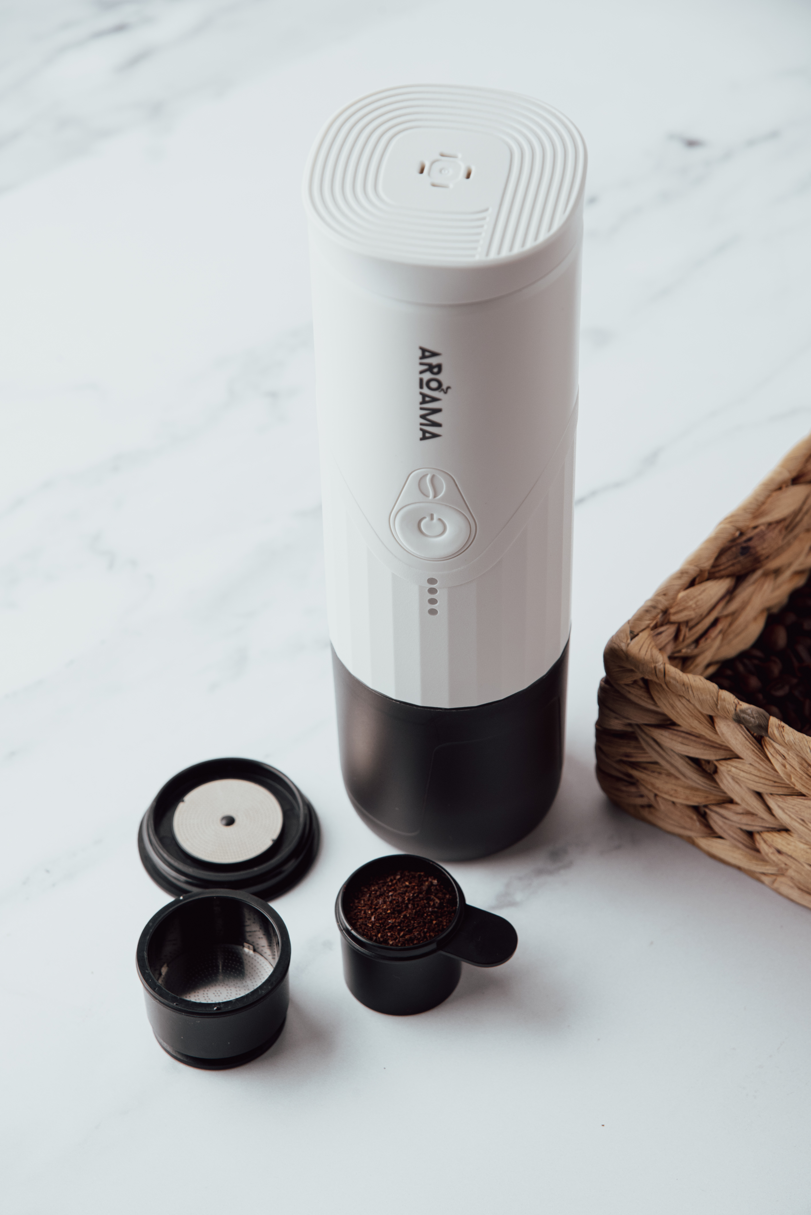 Portable espresso machine on kitchen counter