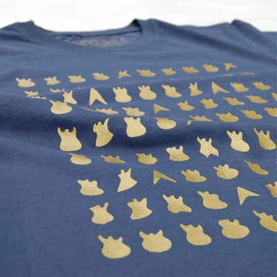 metallic detail on 100 Guitars t-shirt