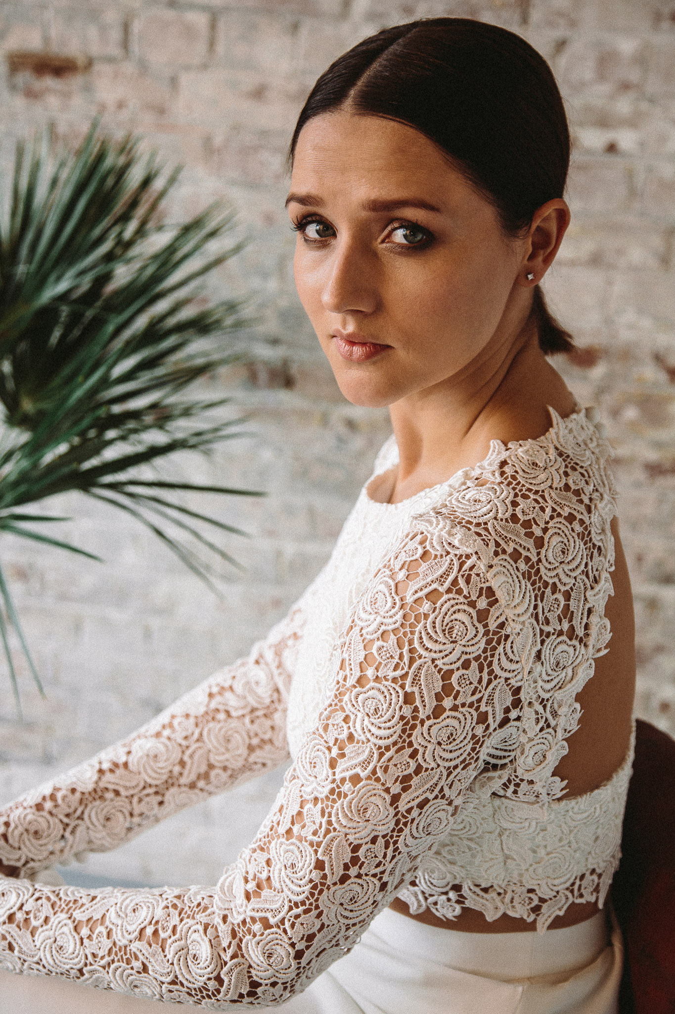 Stylish bridal separates, Guipure Lace long sleeve bridal top & elegant fitted bridal skirt. Affordable bridal separates.