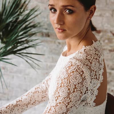 Stylish bridal separates, Guipure Lace long sleeve bridal top & elegant fitted bridal skirt. Affordable bridal separates.