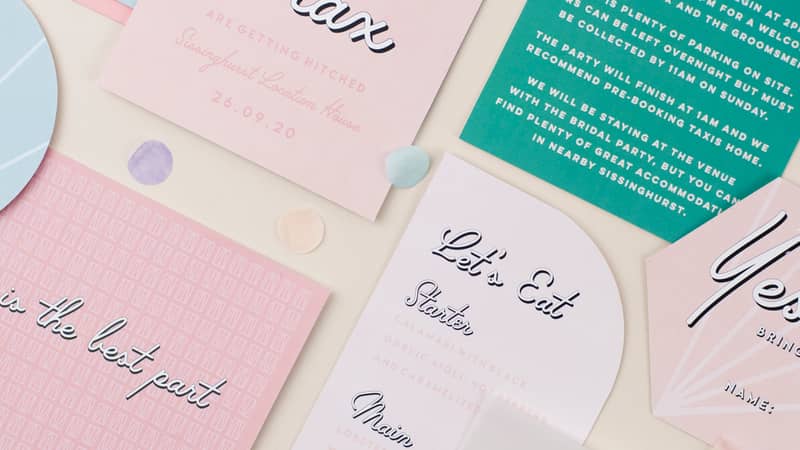 Modern wedding stationery invitation suite inspired by palm springs with a pastel colour scheme