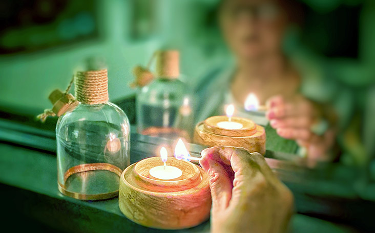 Gin Bottle Tealights - A Real Gin Bottle cut in half on a handmade woodturned base
