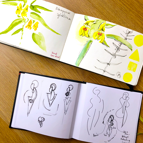 Ellie's sketchbook work in progress, open sketchbooks