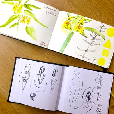 Ellie's sketchbook work in progress, open sketchbooks