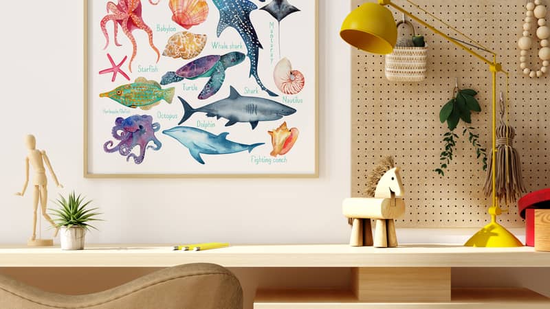 sea life print in wooden frame