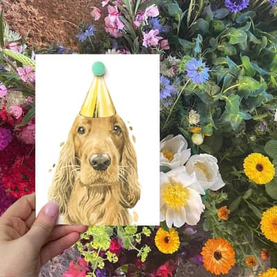 Our Ginger Cocker Spaniel Pompom Birthday Card held up in front of a display of flowers