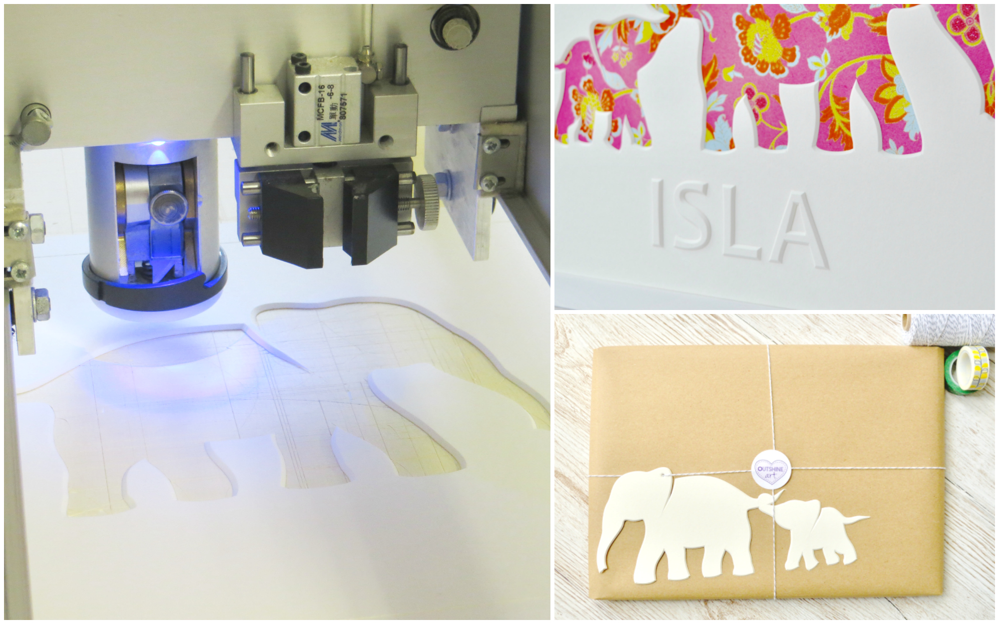 Mount Cutting in progress, the embossed personalisation and gift wrapping