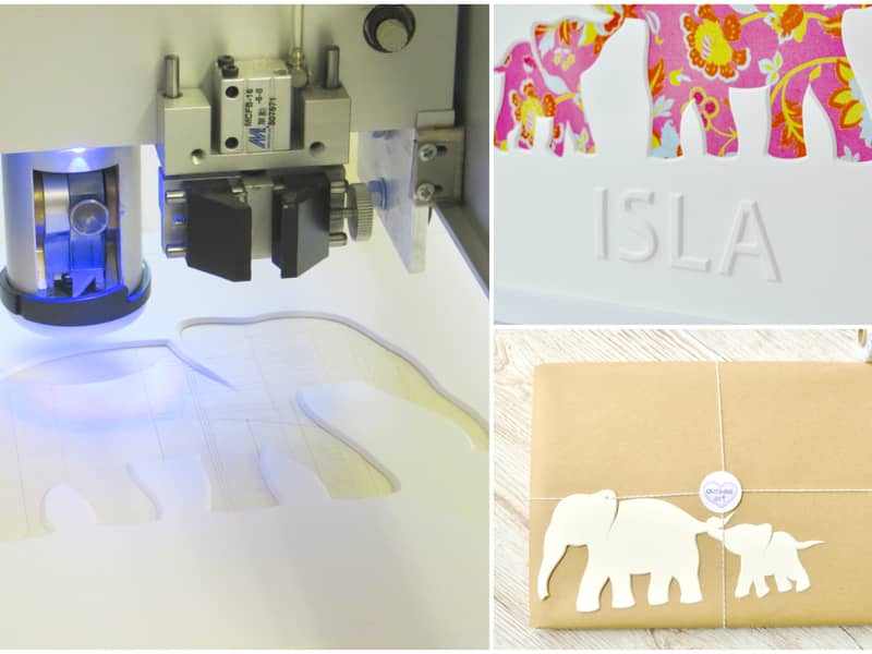 Mount Cutting in progress, the embossed personalisation and gift wrapping