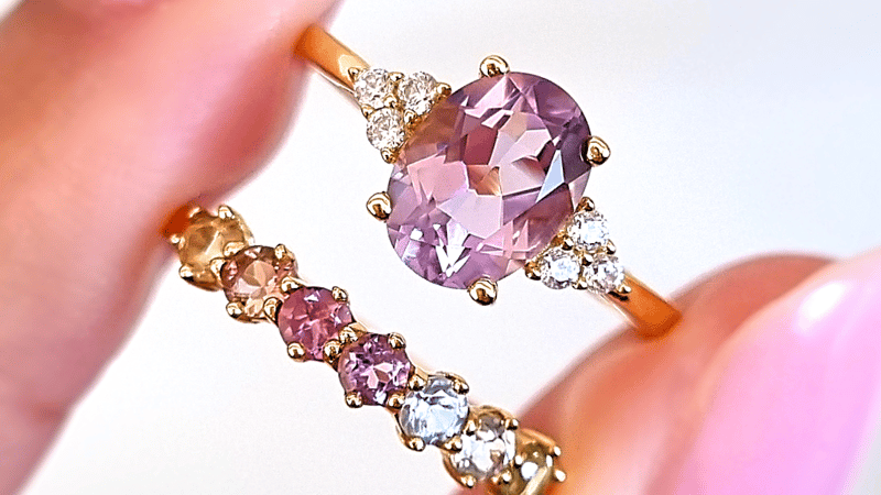 Lavender amethyst ring and rainbow gemstone ring in gold vermeil - Vianne Jewellery