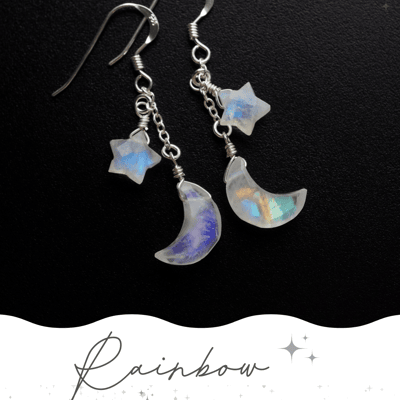 Rainbow moonstone moon and star dangle earrings