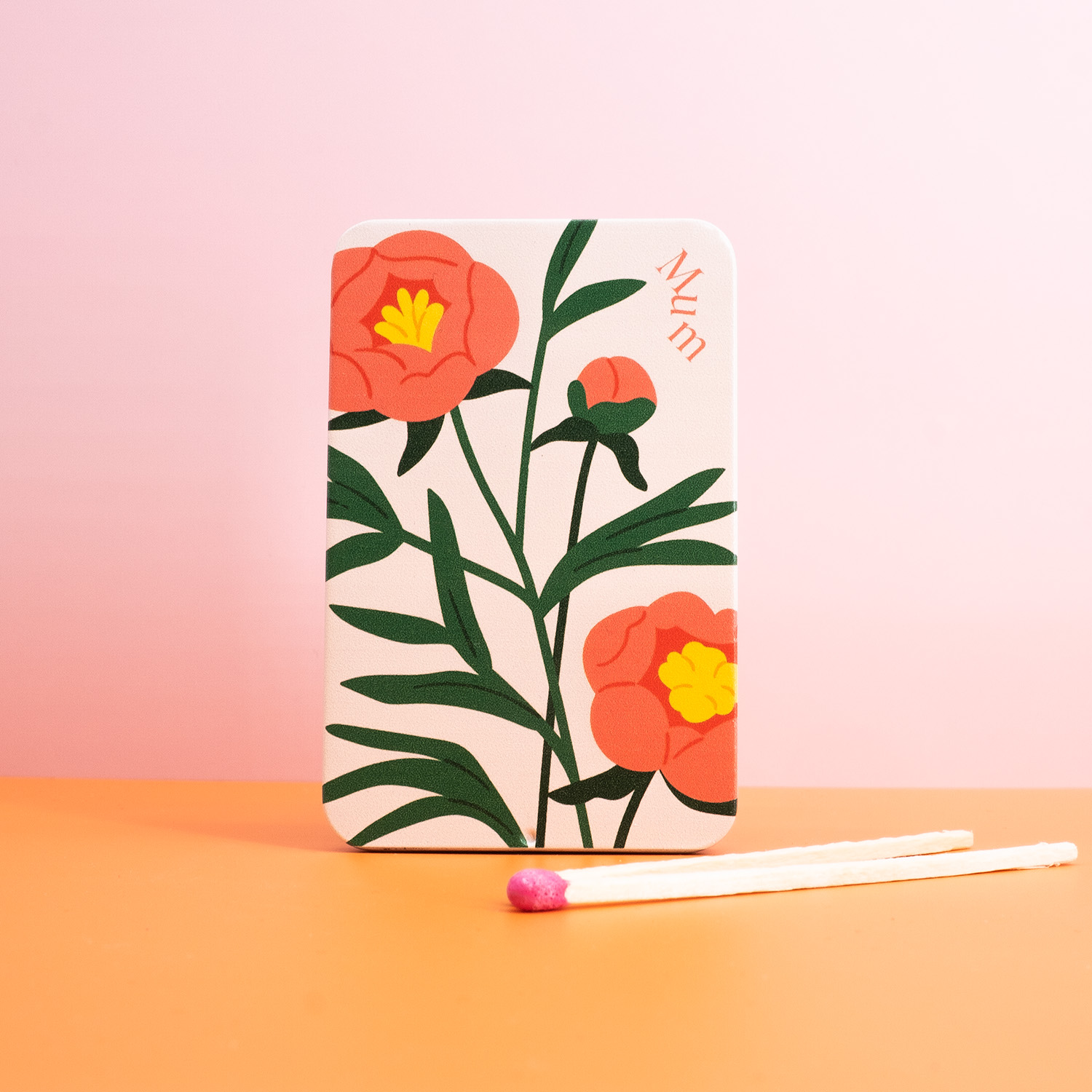 Personalised floral matchbox tin with bold botanical illustration and 'Mum' text – a thoughtful gift